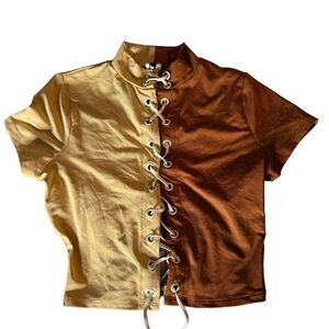 Two-Tone Lace-Up Short Sleeve Top